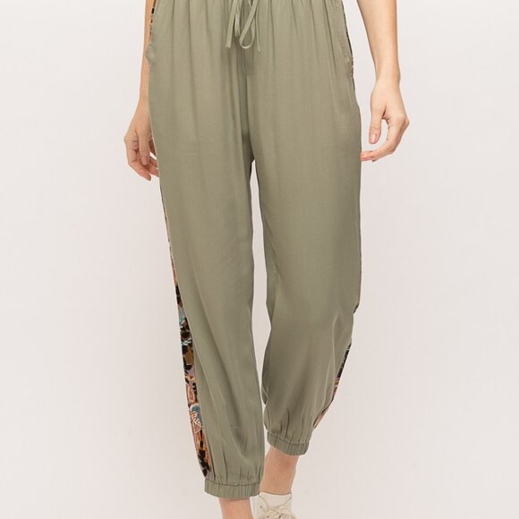 MYSTREE Olive Green Boho Jogger Pants with Side Detail, Drawstring Waist - Picture 2 of 8